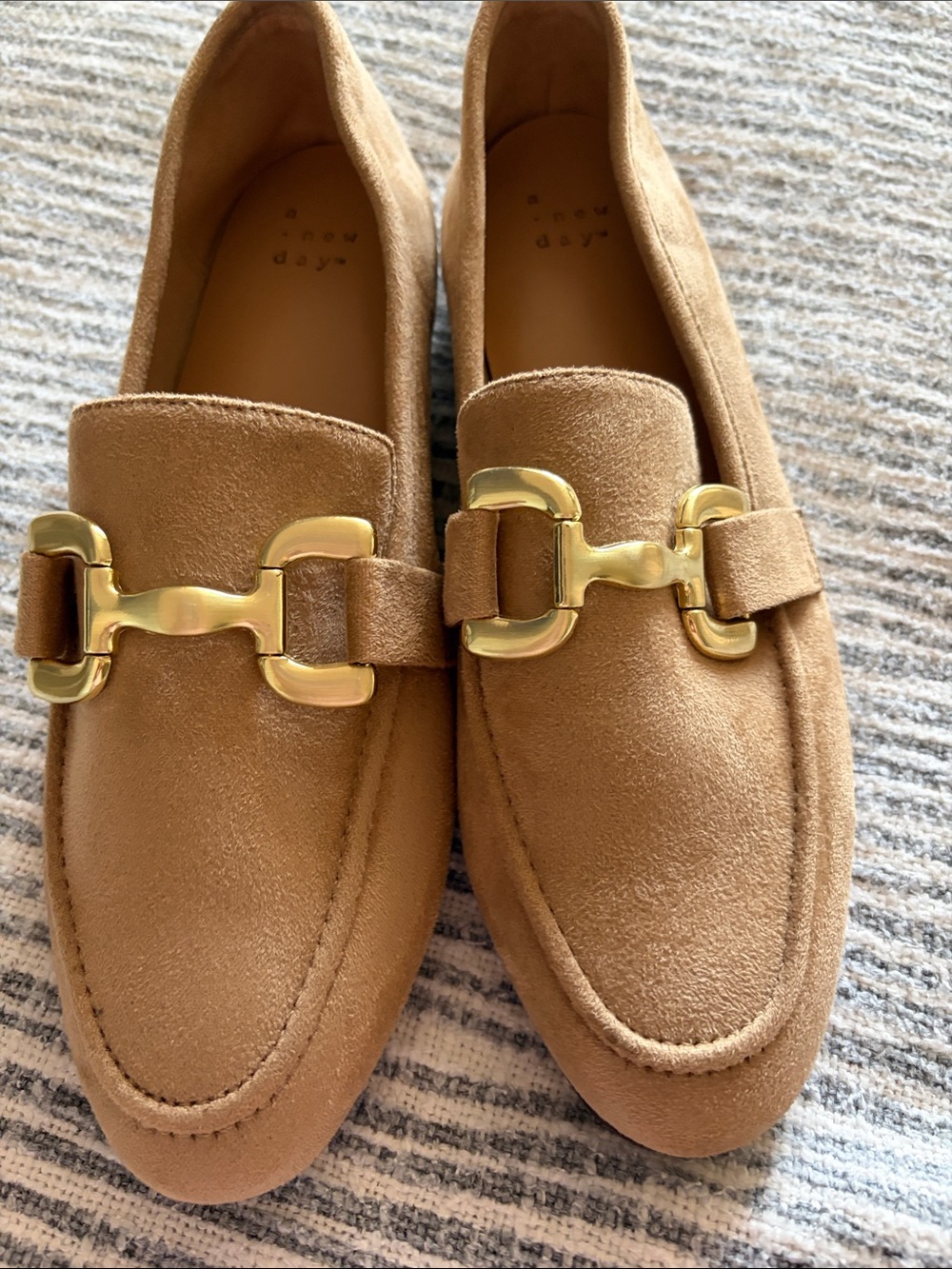 a new day Tan Suede Loafers with Gold Hardware